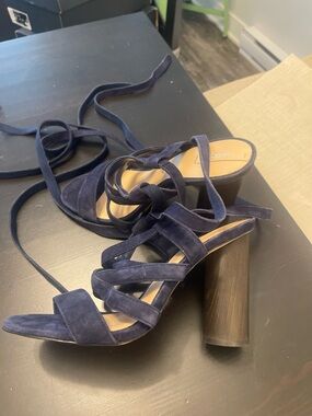 Aldo Navy Suede Strappy Block Heel Sandals with Wrap Ties